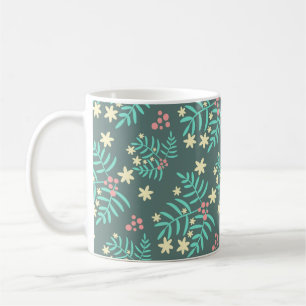 Pretty Botanical Leaves and Berries Blue Pattern Coffee Mug