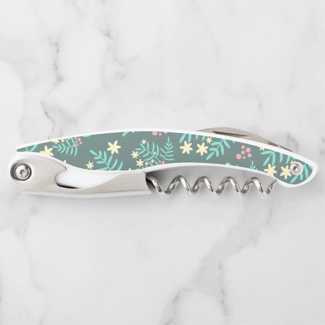 Pretty Botanical Leaves and Berries Blue Pattern Corkscrew (Front)