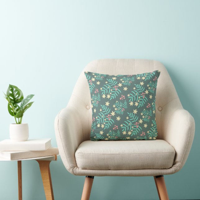 Pretty Botanical Leaves and Berries Blue Pattern Cushion (Chair)
