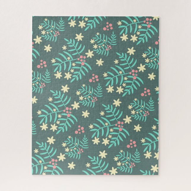 Pretty Botanical Leaves and Berries Blue Pattern Jigsaw Puzzle (Vertical)