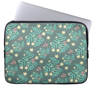 Pretty Botanical Leaves and Berries Blue Pattern Laptop Sleeve