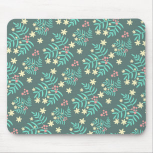 Pretty Botanical Leaves and Berries Blue Pattern Mouse Pad