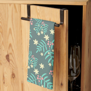 Pretty Botanical Leaves and Berries Blue Pattern Tea Towel