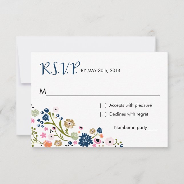 Pretty Bouquet Floral | R S V P Reply Card Navy (Front)