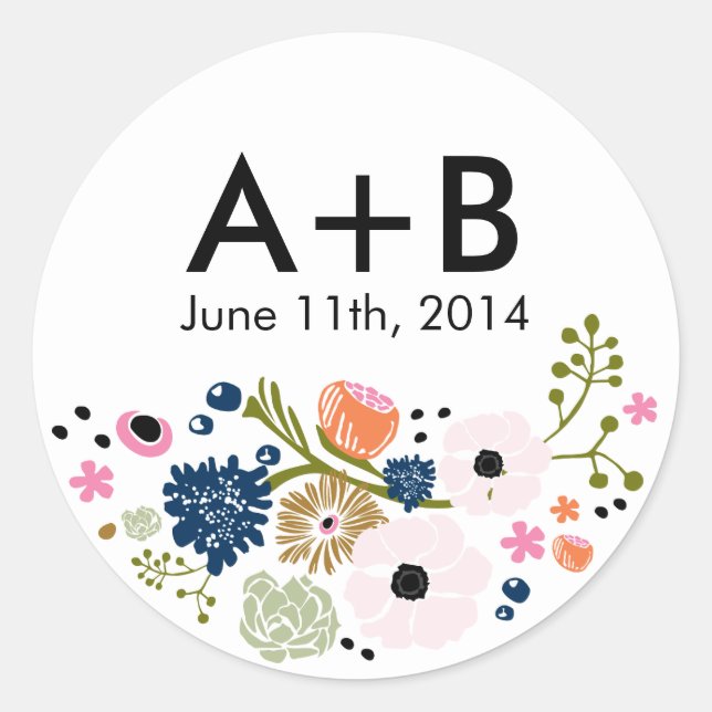 Pretty Bouquet Floral Wedding Circle Sticker Navy (Front)