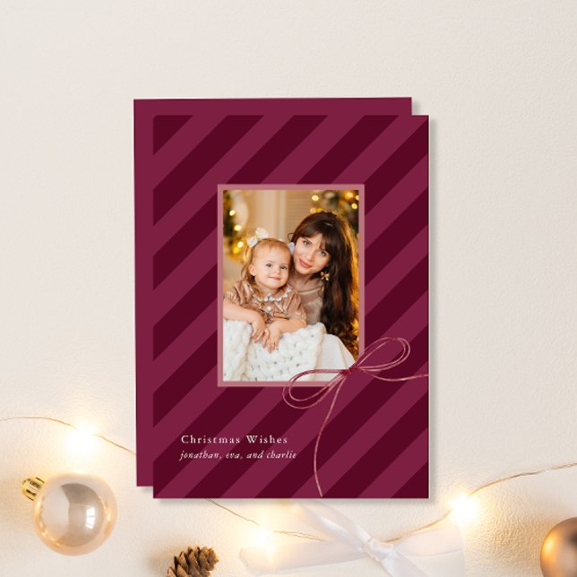 Pretty Bow Christmas Stripes Simple Elegant Photo Holiday Card (Creator Uploaded)