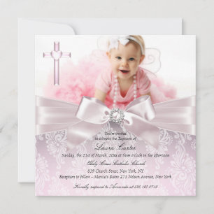 Pretty Bow & Cross Photo Baptism/Christening Pink Invitation