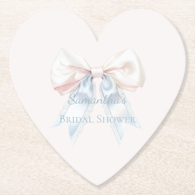 Pretty Bow in Blue Blush Bridal Shower Paper Coaster (Front)