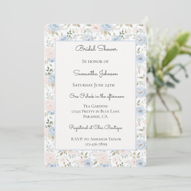 Pretty Bow in Blue Blush Flowers Bridal Shower   Invitation (Standing Front)
