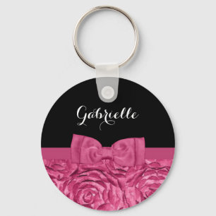 Pretty Bow Pink and Black Rose Pattern With Name Key Ring