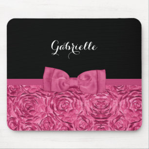 Pretty Bow Pink and Black Rose Pattern With Name Mouse Pad