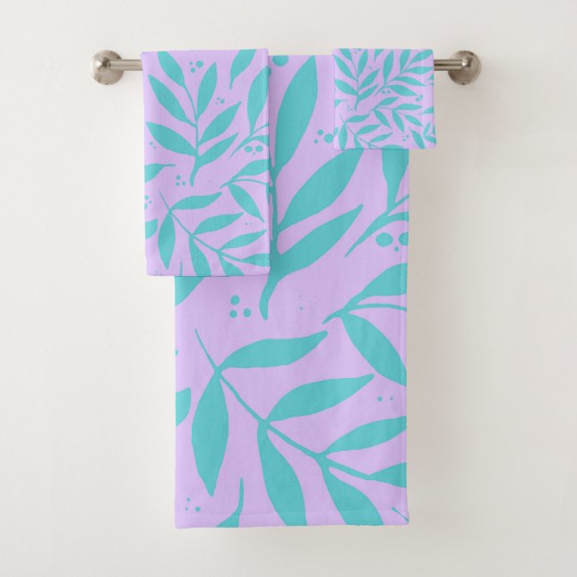 Pretty branches - turquoise and violet teen bath towel set (Insitu)