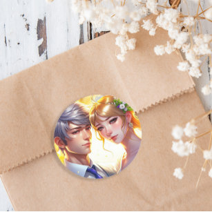 Pretty Bride and Handsome Groom Anime Couple Classic Round Sticker