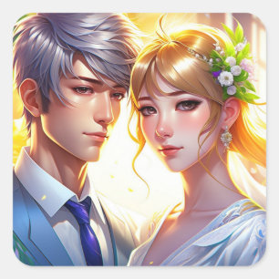 Pretty Bride and Handsome Groom Anime Couple Square Sticker
