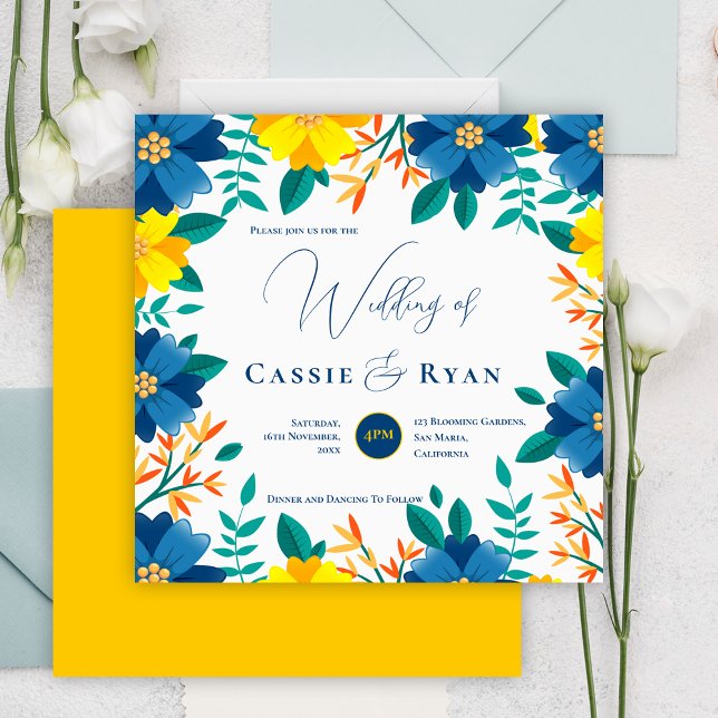 Pretty Bright Blue Yellow Floral Romantic Wedding Invitation (Pretty Bright Blue Yellow Floral Romantic Wedding Invitation)