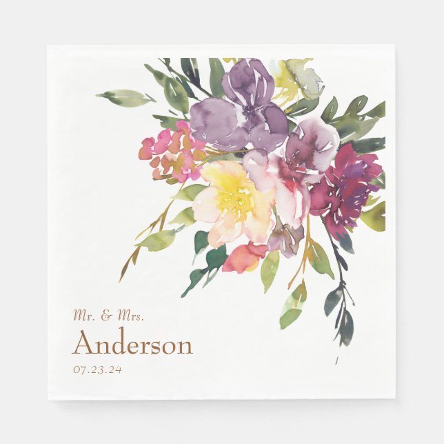 Pretty Bright Colourful Floral Mr. & Mrs. Wedding Napkin (Front)
