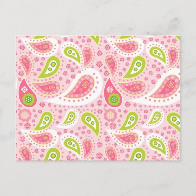 Pretty Bright Pink and Lime Green Paisley Pattern Postcard (Front)