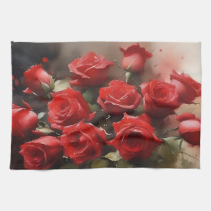 Pretty bright red roses garden watercolor painting tea towel