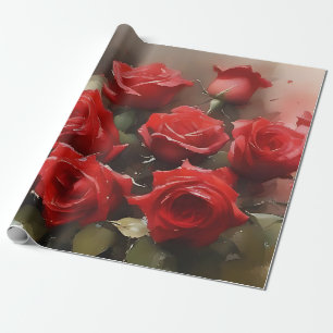 Pretty bright red roses garden watercolor painting wrapping paper