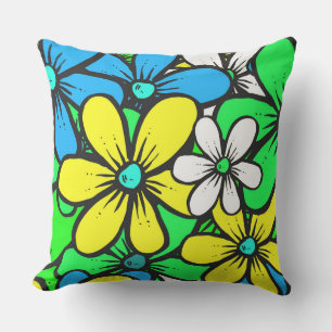 Pretty Bright Summer Flowers Blue Yellow and Green Cushion