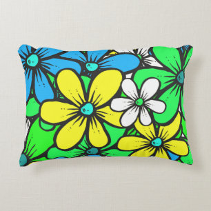 Pretty Bright Summer Flowers Blue Yellow and Green Decorative Cushion