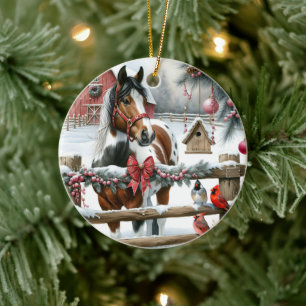 Pretty Brown and White Horse Rustic Farm Christmas Ceramic Tree Decoration