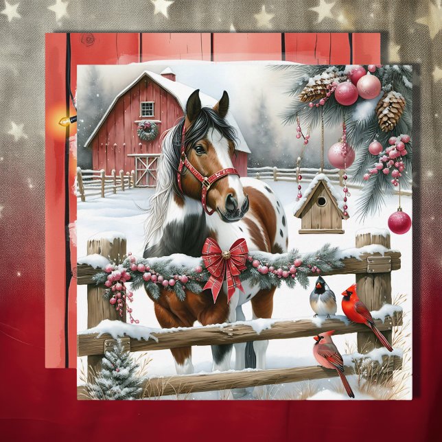Pretty Brown and White Horse Rustic Farm Christmas Holiday Card (Creator Uploaded)