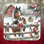 Pretty Brown and White Horse Rustic Farm Christmas Square Sticker<br><div class="desc">Christmas stickers. Ai watercolor illustration of a scene on a rustic farm with a brown and white painted or pinto horse and cardinals and a wood fence decorated in pine cones,  berries and garland on a Christmas winter day.</div>