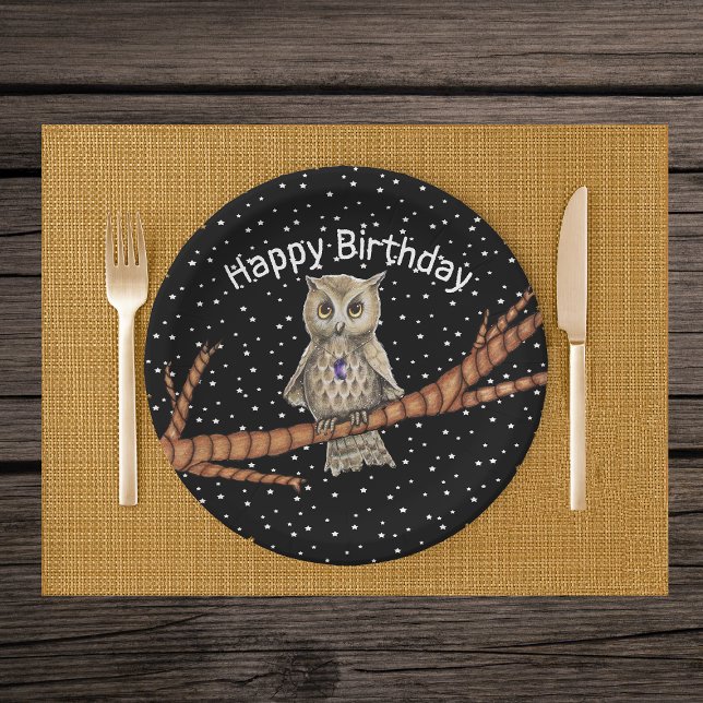 Pretty Brown Birthday Owl Crystal Necklace Black Paper Plate (Brown owl pretty eyes on branch in black night sky white stars crystal necklace paper party plates.)
