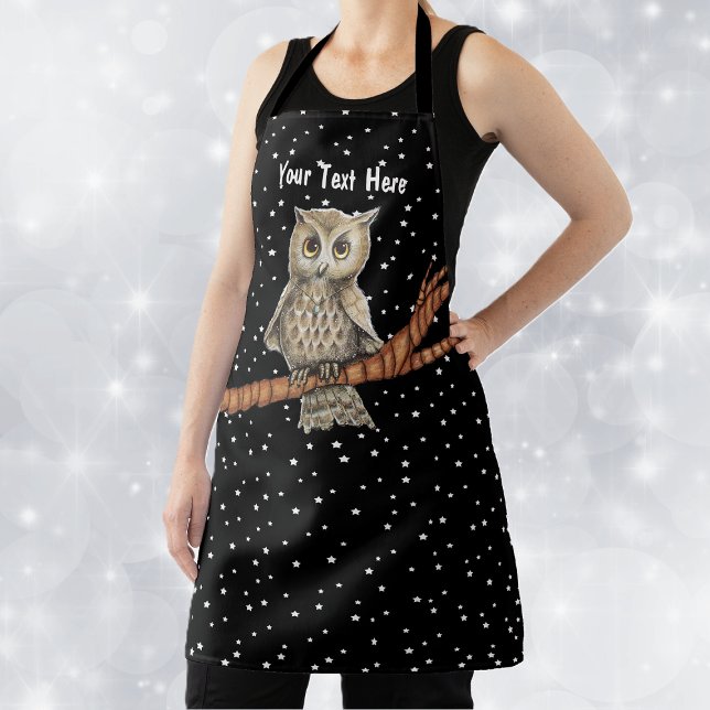 Pretty Brown Eyes Golden Eyes Blue Necklace Stars Apron (Pretty brown owl golden eyes blue necklace on branch on black kitchen apron with white stars.)