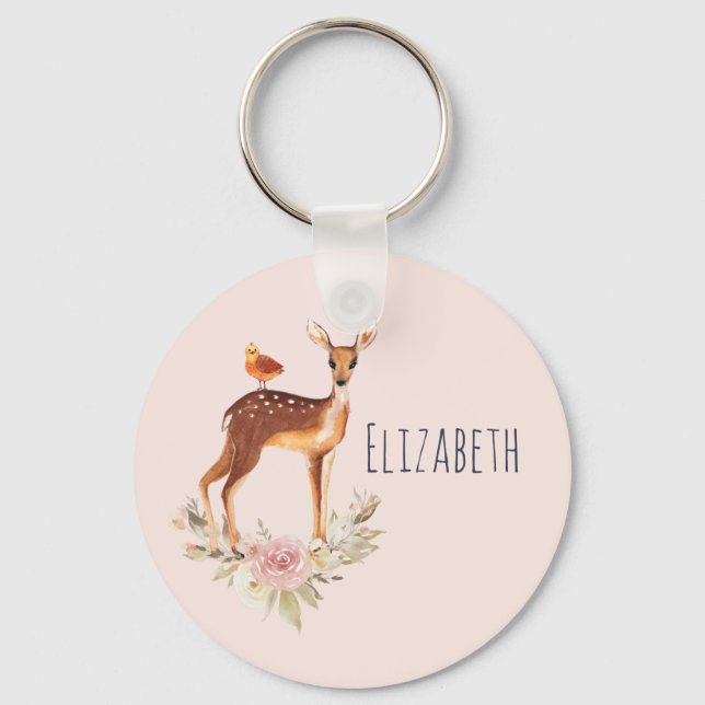 Pretty Brown Fawn with Bird and Roses Key Ring (Front)
