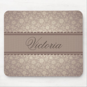Pretty Brown Floral Pattern Custom Text Mouse Pad