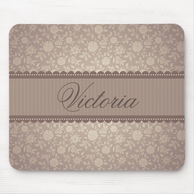 Pretty Brown Floral Pattern Custom Text Mouse Pad (Front)