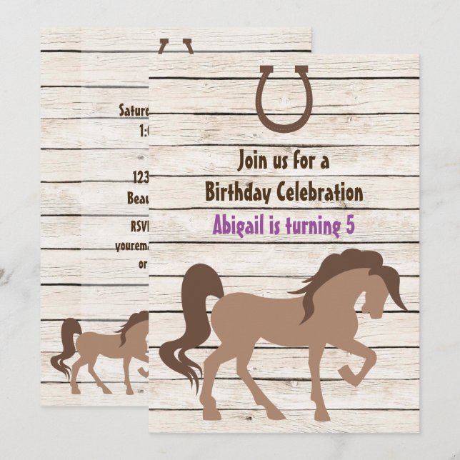 Pretty Brown Horse and Barn Wood Girl's Birthday Invitation (Front/Back)
