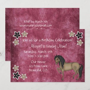 Pretty Brown Horse and Flowers Birthday Invitation
