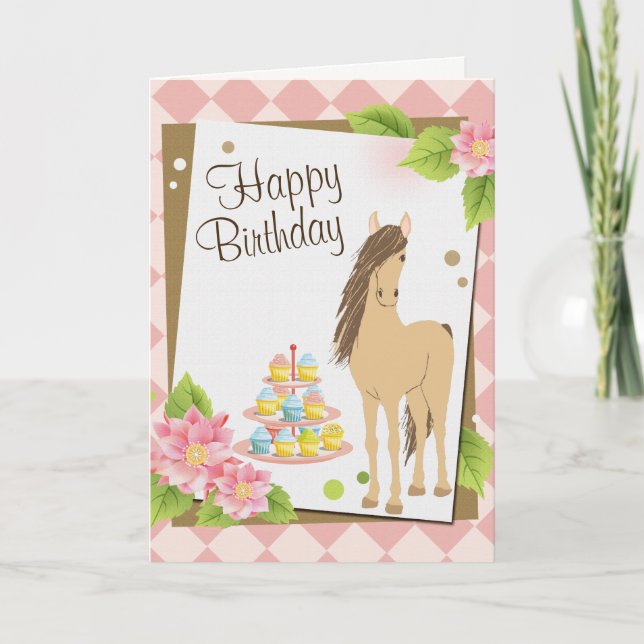 Pretty Brown Horse and Pink Flowers Happy Birthday Card (Front)