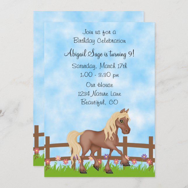 Pretty Brown Horse, Fence and Flowers Birthday Invitation (Front/Back)