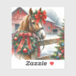 Pretty Brown Horse in Red Bow Christmas<br><div class="desc">Christmas sticker. A pretty brown horse with a pretty red bow behind a rustic wood fence with a festive wreathe on it. In the background is an old rustic red barn.</div>