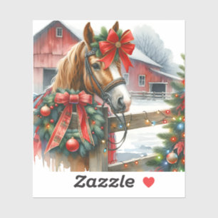 Pretty Brown Horse in Red Bow Christmas