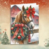 Pretty Brown Horse in Red Bow Christmas