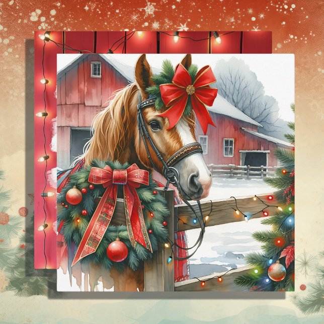 Pretty Brown Horse in Red Bow Christmas Holiday Card (Creator Uploaded)