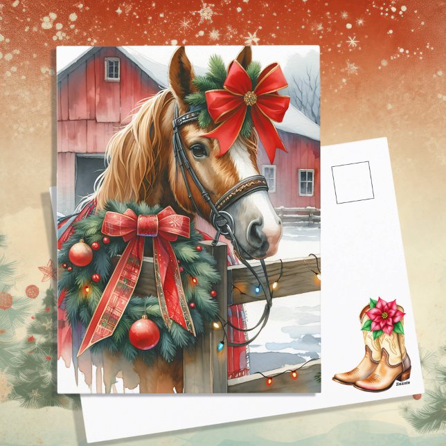 Pretty Brown Horse in Red Bow Christmas Holiday Postcard (Creator Uploaded)
