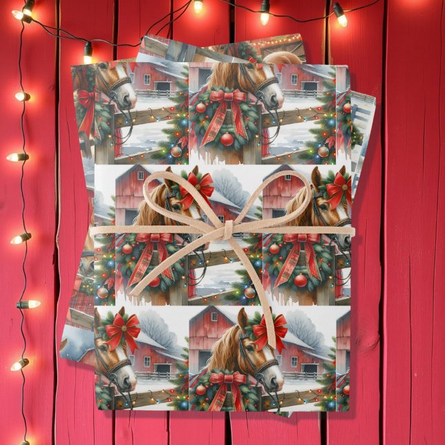 Pretty Brown Horse in Red Bow Christmas Wrapping Paper Sheet (Creator Uploaded)