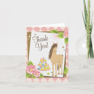 Pretty Brown Horse, Pink Flowers and Cupcakes Thank You Card