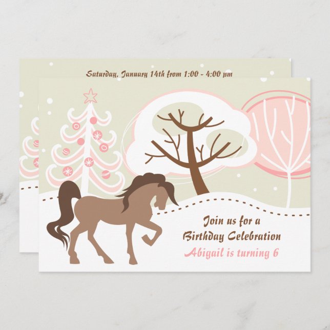 Pretty Brown Horse Pink Winter Birthday Invitation (Front/Back)