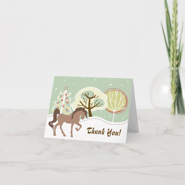 Pretty Brown Horse Snowy Winter Forest Thank You Card (Front)