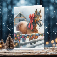 Pretty Brown Horse with Bow And Barn Christmas
