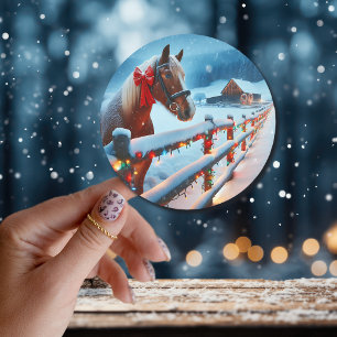 Pretty Brown Horse with Bow Christmas Classic Round Sticker