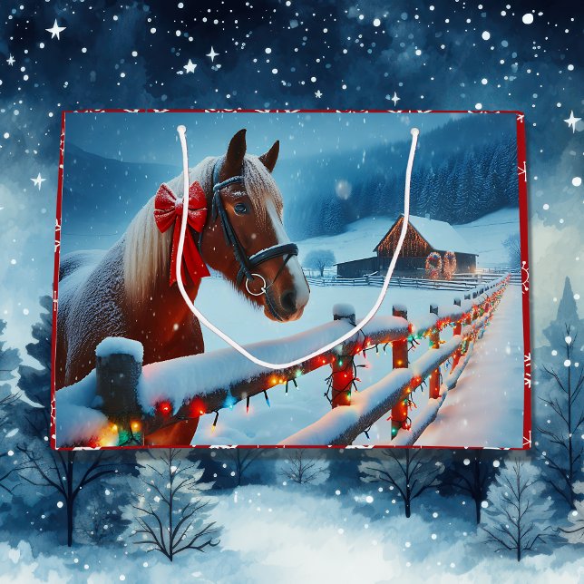 Pretty Brown Horse with Bow Christmas Personalised Large Gift Bag (Creator Uploaded)