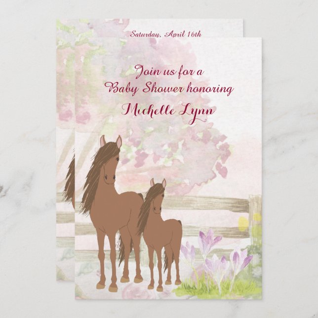 Pretty Brown Horses and Flowers Baby Shower Invite (Front/Back)